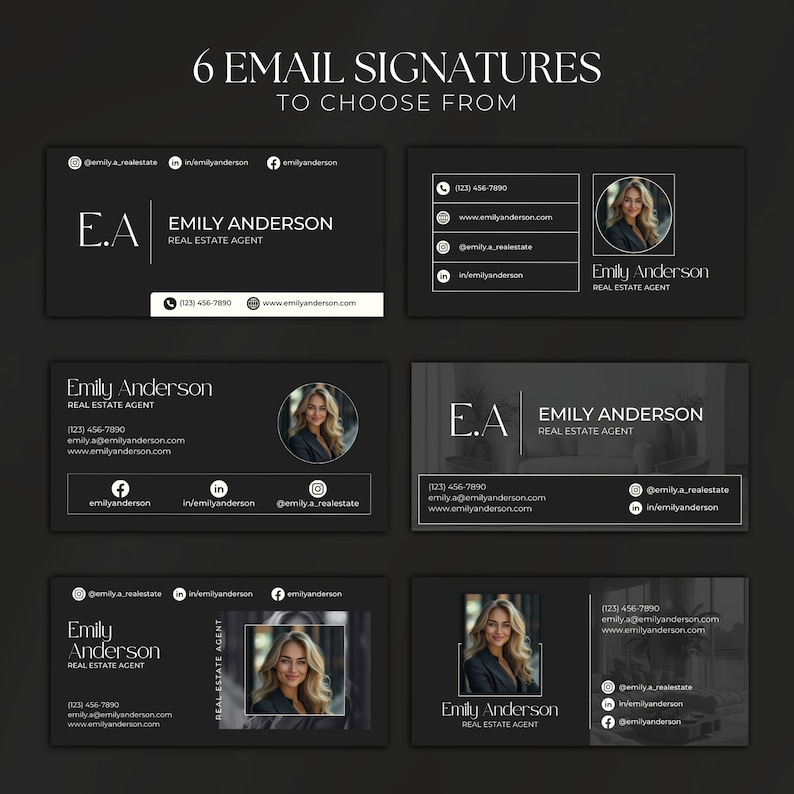 Pode incluir: Seis designs de assinatura de e-mail diferentes para uma agente imobili&aacute;ria chamada Emily Anderson. Cada design apresenta um fundo preto com texto branco e uma foto de Emily. Os designs incluem diferentes &iacute;cones de m&iacute;dia social e informa&ccedil;&otilde;es de contato.