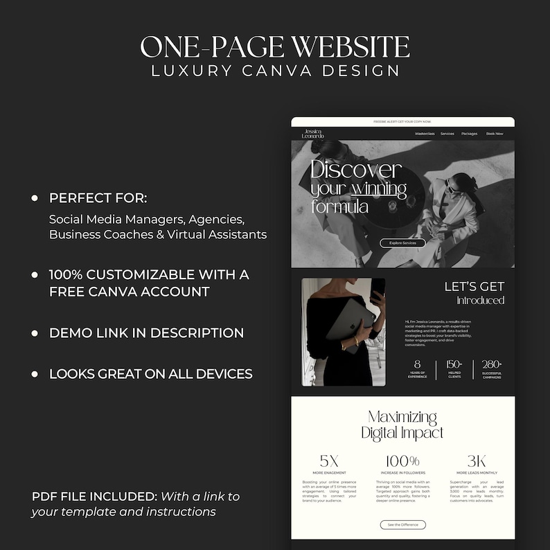Plantilla de sitio web de Canva para gestores de redes sociales, asistentes virtuales, diseño de landing pages de ventas, marketing digital y portafolios de lead magnet (FC01) imagen 2