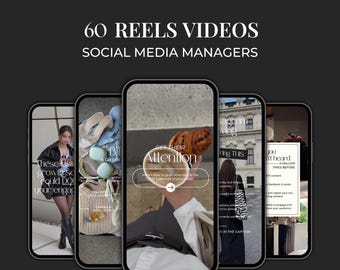 May include: A digital graphic displaying 60 REELS VIDEOS SOCIAL MEDIA MANAGERS as text at the top, with five smartphone screens arranged in a row below, each showing different video content with overlaid text and imagery on a dark background.