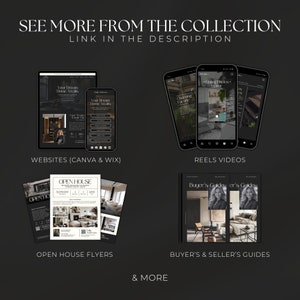 Pode incluir: Uma colagem de imagens que mostram diferentes tipos de materiais de marketing imobili&aacute;rio, incluindo sites, reels de m&iacute;dia social, panfletos de casas abertas e guias para compradores e vendedores. As imagens apresentam um design moderno com um esquema de cores preto e branco.