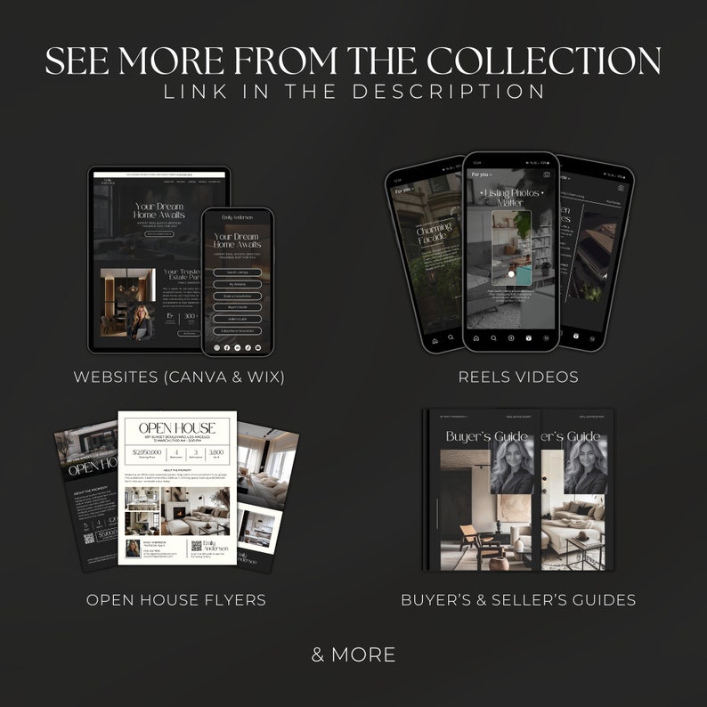 Pode incluir: Uma colagem de imagens que mostram diferentes tipos de materiais de marketing imobili&aacute;rio, incluindo sites, reels de m&iacute;dia social, panfletos de casas abertas e guias para compradores e vendedores. As imagens apresentam um design moderno com um esquema de cores preto e branco.