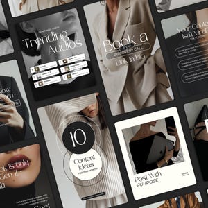 May include: A collection of social media graphics with text overlays. The graphics feature phrases like "Trending Audios," "Book a free Discovery Call," and "10 Content Ideas." The overall aesthetic is modern and minimalist, with a focus on fashion and lifestyle.