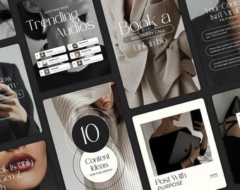 May include: A collection of social media graphics with text overlays. The graphics feature phrases like "Trending Audios," "Book a free Discovery Call," and "10 Content Ideas." The overall aesthetic is modern and minimalist, with a focus on fashion and lifestyle.