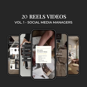 Puede incluir: Un fondo oscuro con cinco teléfonos inteligentes que muestran contenido de redes sociales. El texto "20 REELS VIDEOS VOL. 1 - SOCIAL MEDIA MANAGERS" está en la parte superior. Un teléfono muestra "January Content Ideas" con viñetas. Otros teléfonos muestran contenido relacionado con las redes sociales.