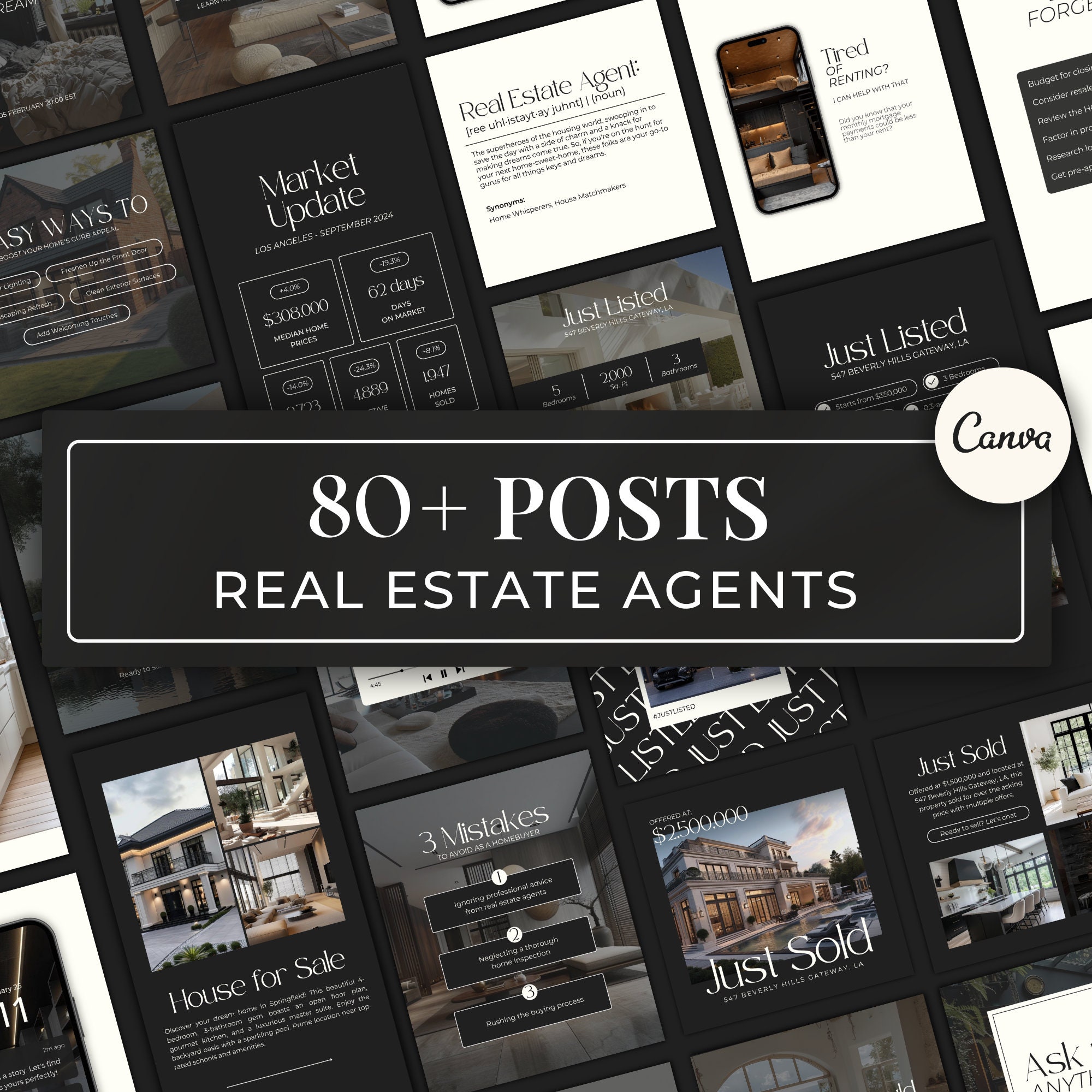 Real Estate Instagram Posts for Canva, Realtor Faceless Digital Marketing Template, Social Media Branding Kit, Instagram Carousel SI01