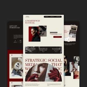 Könnte beinhalten: Webdesign mit rotem und weißem Farbschema. Das Design enthält den Text "A Smarter Way to Social" und "Strategic Social Media That Works". Die Website zeigt auch Bilder einer Frau und einer Kamera.