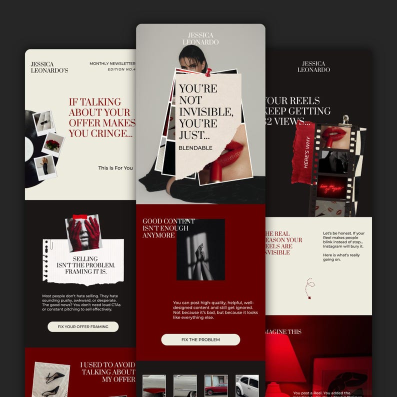 May include: A digital marketing newsletter design with a dark background and red and white accents. The design includes text such as "You're Not Invisible, You're Just Blendable" and "Our Reels Keep Getting 2 Views".