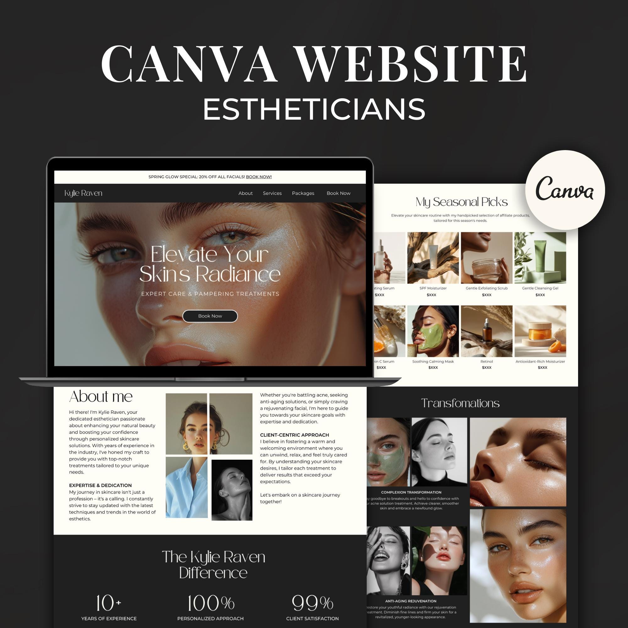 Esthetician Website Template for Canva, Skincare Landing Page, Skin