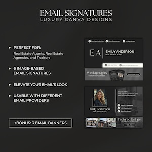Pode incluir: Seis modelos de assinatura de e-mail personaliz&aacute;veis para agentes imobili&aacute;rios. Cada modelo apresenta um esquema de cores preto e branco com um design profissional. Os modelos incluem uma foto, informa&ccedil;&otilde;es de contato e links para m&iacute;dias sociais. O texto nos modelos diz "E.A. Emily Anderson Agente imobili&aacute;rio", "Informa&ccedil;&otilde;es semanais Diretamente para sua caixa de entrada", "Inscreva-se agora", "(123) 456-7990", "emilya@emilyanderson.com", "www.emilyanderson.com", "@emily_realestate", "@emilyanderson", "emilyanderson", "Emily Anderson Agente imobili&aacute;rio", e "Listagens em destaque Localizado em Los Angeles Ver tudo".