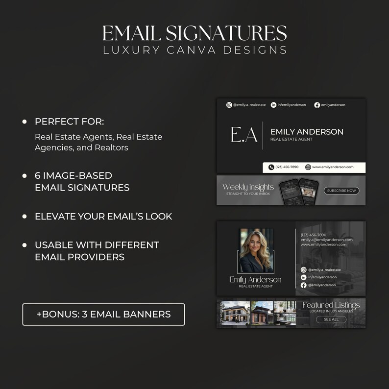 Pode incluir: Seis modelos de assinatura de e-mail personaliz&aacute;veis para agentes imobili&aacute;rios. Cada modelo apresenta um esquema de cores preto e branco com um design profissional. Os modelos incluem uma foto, informa&ccedil;&otilde;es de contato e links para m&iacute;dias sociais. O texto nos modelos diz "E.A. Emily Anderson Agente imobili&aacute;rio", "Informa&ccedil;&otilde;es semanais Diretamente para sua caixa de entrada", "Inscreva-se agora", "(123) 456-7990", "emilya@emilyanderson.com", "www.emilyanderson.com", "@emily_realestate", "@emilyanderson", "emilyanderson", "Emily Anderson Agente imobili&aacute;rio", e "Listagens em destaque Localizado em Los Angeles Ver tudo".