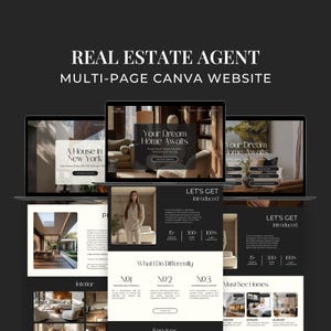 Plantilla de sitio web de Canva de varias páginas para agentes inmobiliarios: página de destino, enlace en la biografía, listado de propiedades, marketing inmobiliario SI01