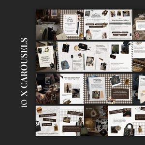 Könnte beinhalten: Ein digitales Marketing-Vorlagenset mit dem Titel 10 X CAROUSELS, das ein Raster aus lehrreichen Folien mit einer neutralen Farbpalette zeigt. Die Folien enthalten Text sowie Fotos von Modeaccessoires, Parfümflaschen und Handtaschen auf einem Rasterhintergrund.