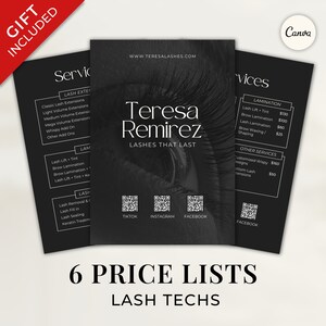 Może przedstawiać: Czarno-biała lista cen usług rzęsowych. Lista cen zawiera przedłużanie rzęs, lifting i koloryzację rzęs, laminację brwi, usuwanie rzęs, uzupełnianie rzęs, uszczelnianie rzęs, zabieg keratynowy i inne usługi. Lista cen zawiera również kod QR do TikToka, Instagrama i Facebooka.