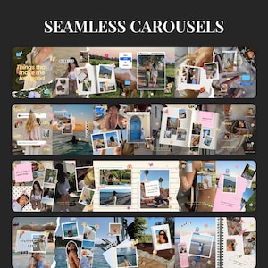 Könnte beinhalten: Ein digitales Vorlagenset mit dem Titel SEAMLESS CAROUSELS, das vier horizontale Streifen mit Collagen-Layouts zeigt. Jeder Streifen enthält mehrere rechteckige Fotorahmen, zerrissene Papierkanten, kleine Blumen-Icons und Textüberlagerungen.