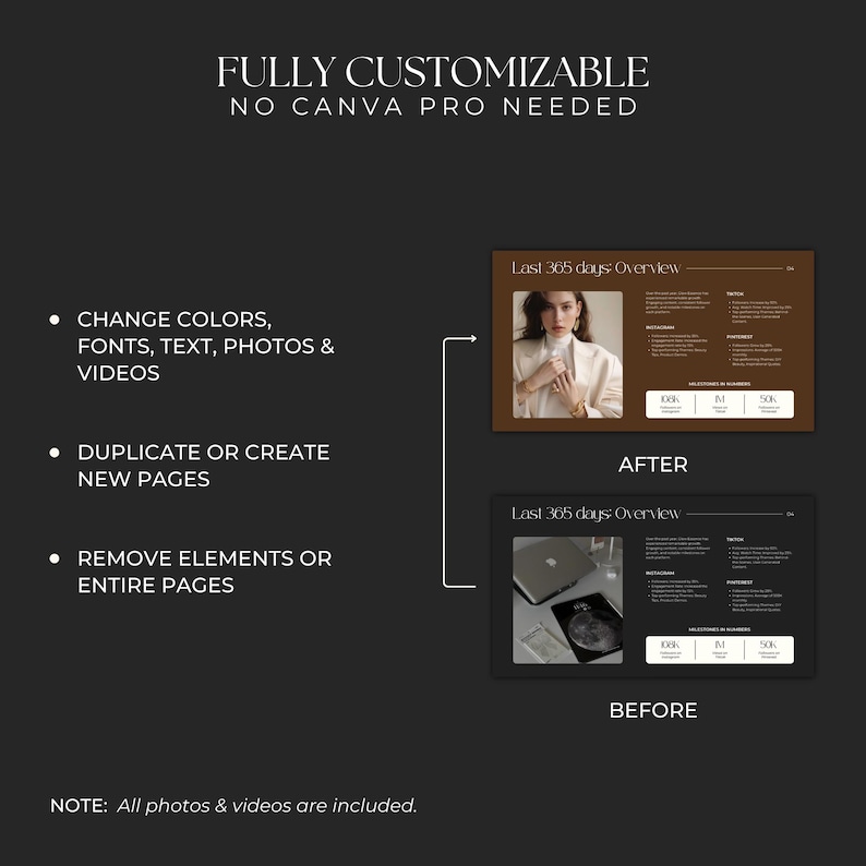 K&ouml;nnte beinhalten: Ein Vorher-Nachher-Bild, das zeigt, wie man eine Vorlage anpassen kann. Das Vorher-Bild zeigt eine Frau, die einen wei&szlig;en Pullover und eine goldene Halskette tr&auml;gt. Das Nachher-Bild zeigt einen Laptop-Bildschirm mit einem Diagramm. Der Text "Last 365 days: Overview" ist auf beiden Bildern sichtbar. Der Text "AFTER" und "BEFORE" ist ebenfalls sichtbar.