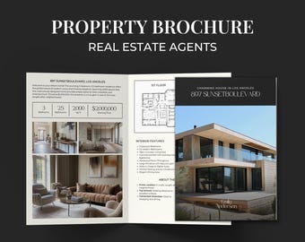 Plantilla de folleto de propiedades para agentes inmobiliarios, plantilla de marketing inmobiliario, Canva inmobiliario, folleto de jornada de puertas abiertas SI01