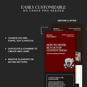 May include: A digital marketing template with the text "EASILY CUSTOMIZABLE" and "NO CANVA PRO NEEDED". The template includes a newsletter design with the title "HOW TO NEVER RUN OUT OF CONTENT IDEAS". The design allows users to change colors, fonts, text, and photos.