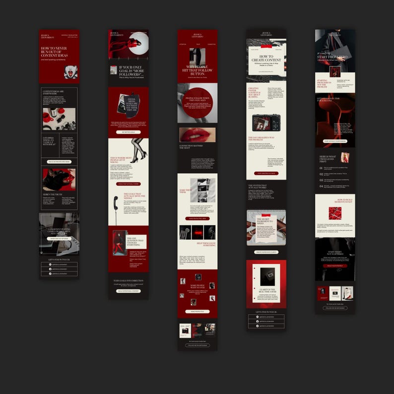May include: A collection of vertical digital marketing templates in red, black, and white. Each template features text and images, with titles like "How to Never Run Out of Content Ideas" and "If You're Only Posting to Get Followers."