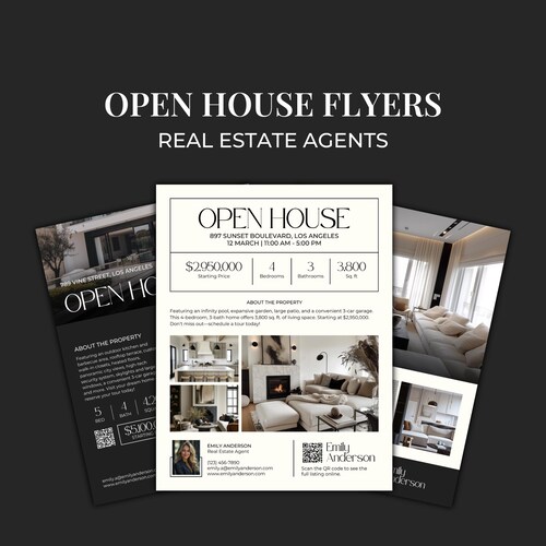 Modèles de flyers de portes ouvertes sur l'immobilier pour Canva, modèles marketing pour agents immobiliers, flyers de portes ouvertes avec code QR, agent immobilier SI01