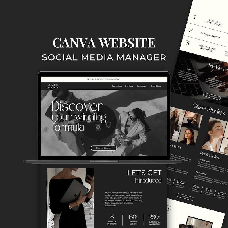 Plantilla de sitio web de Canva para gestores de redes sociales, asistentes virtuales, diseño de landing pages de ventas, marketing digital y portafolios de lead magnet (FC01) imagen 1