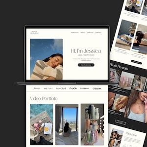 May include: A laptop screen displaying a professional portfolio website for Jessica Leonardo, featuring a hero section with a portrait, the text Hi. I'm Jessica UGC PORTFOLIO, and a navigation menu. Below, a video portfolio section shows various lifestyle images.