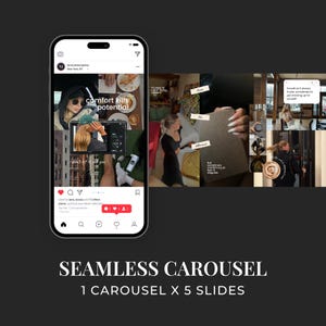May include: A digital display of a five-slide seamless Instagram carousel template on a smartphone screen. The design features lifestyle photography, text overlays including 'comfort kills potential', 'love the difference', and 'growth isn't always hustle'.