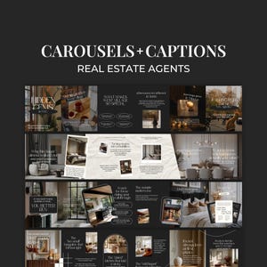 May include: A promotional image for real estate agents, featuring a carousel of captions. The text includes "CAROUSELS + CAPTIONS" and "REAL ESTATE AGENTS." Various property images are displayed with text overlays, such as "HIDDEN GEMS" and "YOU BETTER RUN."