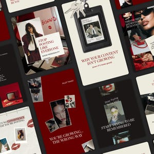 May include: A collection of social media graphics in red, black, and white. The graphics feature text like "Stop Posting Like Everyone" and "Why Your Content Isn't Growing." One graphic shows a black ID holder with keys and a photo.