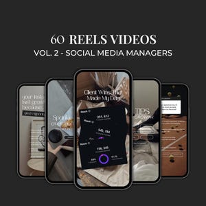 Puede incluir: Imagen de cinco smartphones que muestran contenido de redes sociales. El texto en la parte superior dice "60 REELS VIDEOS VOL. 2 - SOCIAL MEDIA MANAGERS." Cada teléfono muestra contenido diferente, incluyendo consejos y estadísticas. El fondo es oscuro.