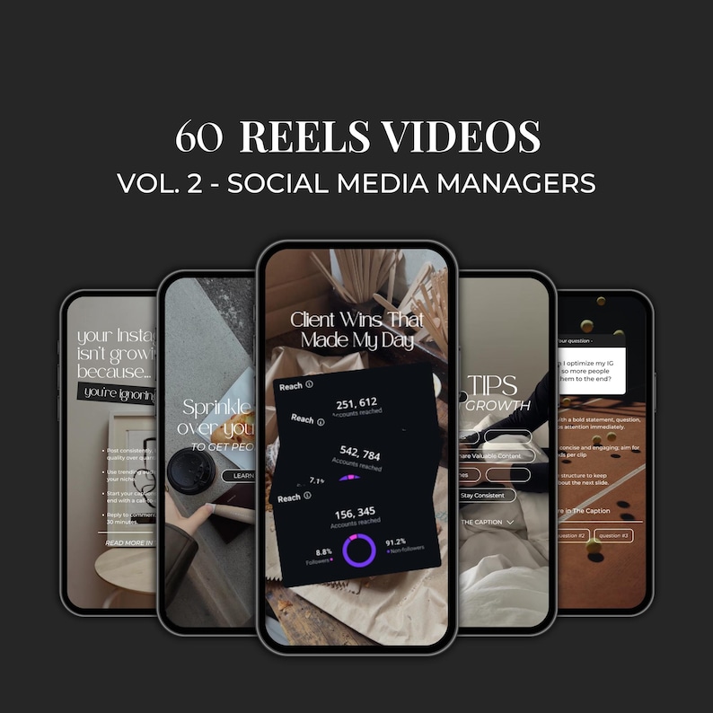 以下が含まれることがあります： ソーシャルメディアコンテンツを表示する5つのスマートフォンが写った画像です。「60 REELS VIDEOS VOL. 2 - SOCIAL MEDIA MANAGERS」というテキストが上部にあります。各スマートフォンは、ヒントや統計など、さまざまなコンテンツを表示しています。背景は暗いです。