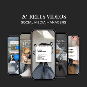Könnte beinhalten: Eine digitale Sammlung von 20 Reels-Videos für Social-Media-Manager, dargestellt auf fünf Smartphone-Bildschirmen. Der mittlere Bildschirm zeigt ein weißes Pop-up-Fenster mit dem Titel January Content Ideas und einer Themenliste.