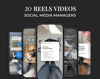 May include: A digital collection of 20 Reels videos for social media managers, displayed on five smartphone screens. The central screen features a white pop-up window titled January Content Ideas with a bulleted list of social media topics.