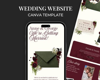 Burgundy Wedding Website Template for Canva, Modern Wedding Canva Website with RSVP and Details, Digital Wedding Invitation