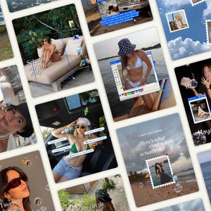 May include: A digital collage featuring multiple photographs of a person in various settings, including a beach, a car, and outdoor landscapes, overlaid with computer-style interface elements, text captions, and floating bubble graphics.