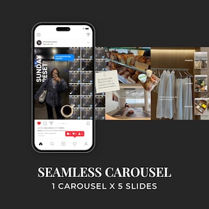 May include: A digital template for a seamless social media carousel featuring five slides. The display shows a smartphone interface with a Sunday Reset post, a bakery display, a yoga studio, and clothing racks with the text Seamless Carousel 1 Carousel x 5 Slides.