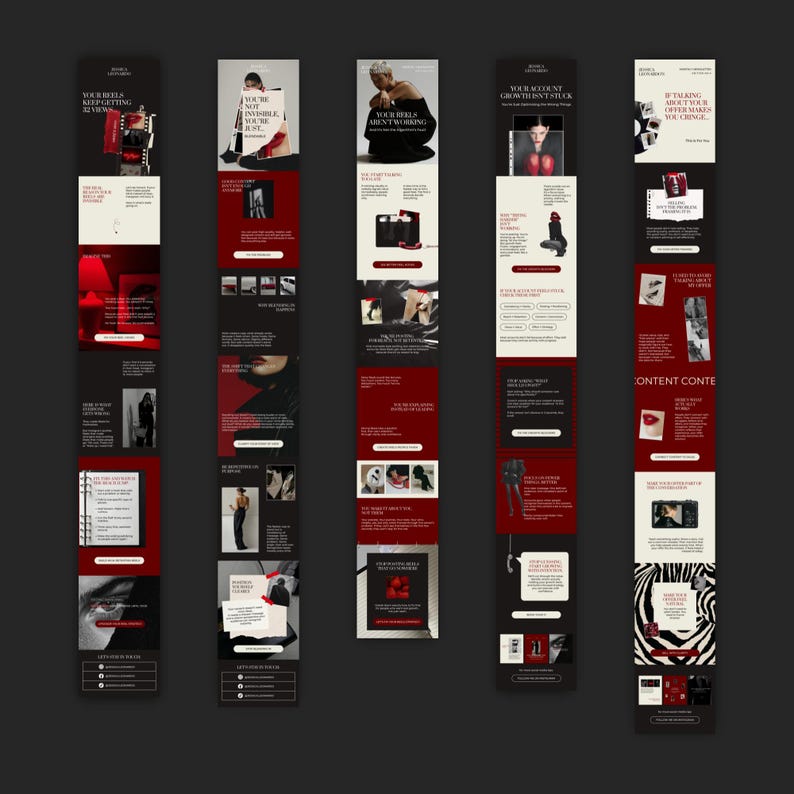 May include: A collection of vertical promotional graphics with a black, white, and red color scheme. Each graphic features text, product images, and design elements. The overall theme appears to be related to fashion or beauty products.