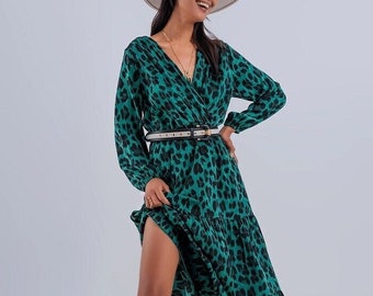 Tiered Maxi Leopard Pattern Boho Wrap Dress with Long Sleeve in Green