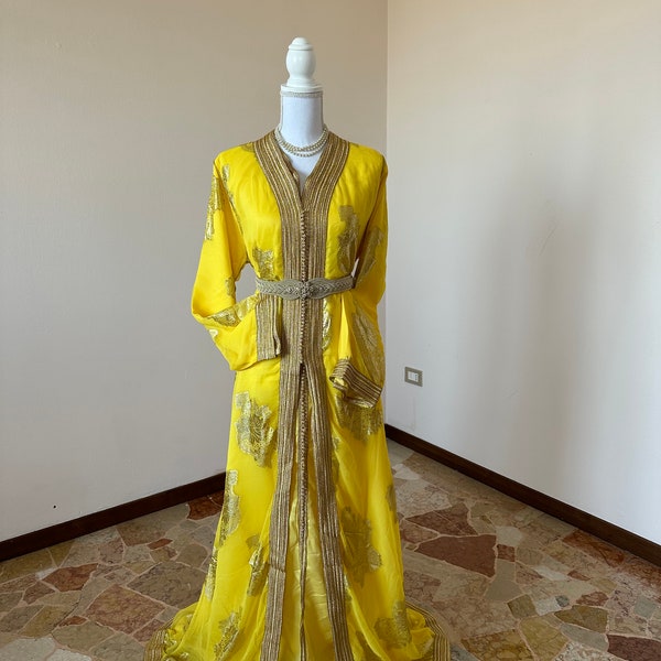 Dubai Moroccan Kaftan Arabic Abaya Maxi Caftan Beaded Farasha Floor Length Party Dress TAKCHITA JASMINE Yellow