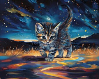 Starry Night Kitten Phone Case - Van Gogh Style Art Cover for iPhone & Samsun