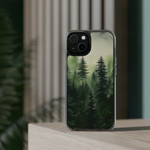 Custodia per telefono carina con alberi ad acquerello e foresta - Bob Ross Pine Green iPhone 14, 13, 12, 11 Pro Max, Samsung S22, cover artistica e naturale.