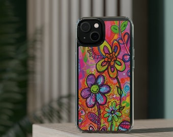 Cute Phone Case Flower Doodle - Floral Design Colorful iPhone 14 13 12 11 Pro Max Samsung S22 Cover Happy Smiley Face Gift For  Her