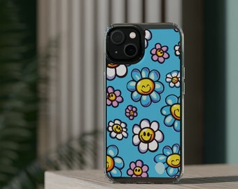 Cute Phone Case Smiley Face Daisy - Smiling Good Vibes iPhone 14 13 12 11 Pro Max Samsung S22 Cover Flower Art Floral Pattern Gift For Her
