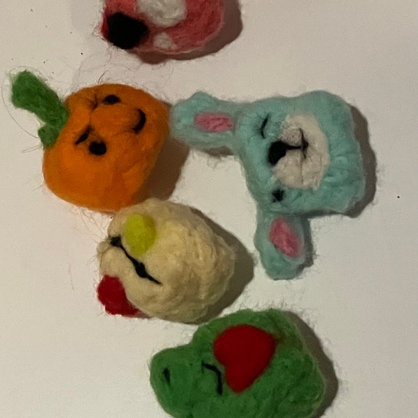 Small Needle Felted Friends, Pencil Topper and Needle Felted Statues. Orange, Blue Bunny, Glasses Chicken, Strawberry Cow, Loving Frog