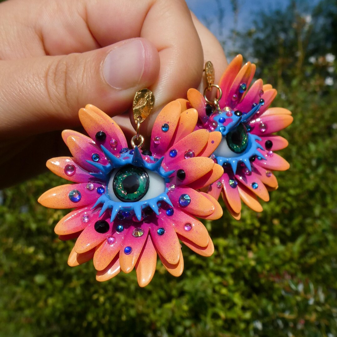 Unique Resin Ear Rings Resin Earrings, Handmade, Limited Edition, Flowers With Eyes, Orange ...