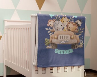 Personalized Boy's Fleece Baby Blanket, Soft baby blanket with baby safari animals, Adventure Seeking Baby Animals on soft baby blanket