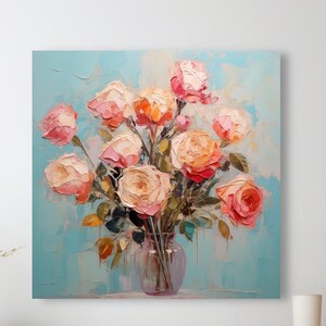 Rosa Rosenstrauß Leinwand Kunstdruck. Acryl Blumen Stillleben, Glasvase Rose Kunstwerk, Romantische Blumen Wandkunst, Shabby Chic Wohnkultur