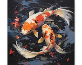 May include: Two orange and white koi fish swim in a swirling black and blue water pattern. The fish are painted in a realistic style with details of scales and fins.