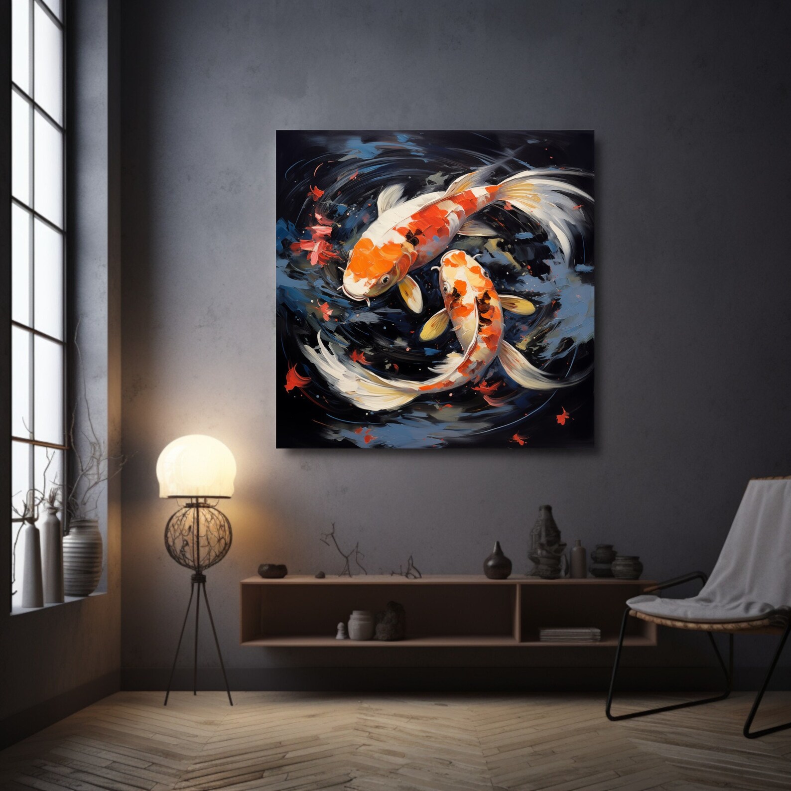 Canvas Art Print Depicting Two Vibrant Koi Fish Gracefully Swimming in ...