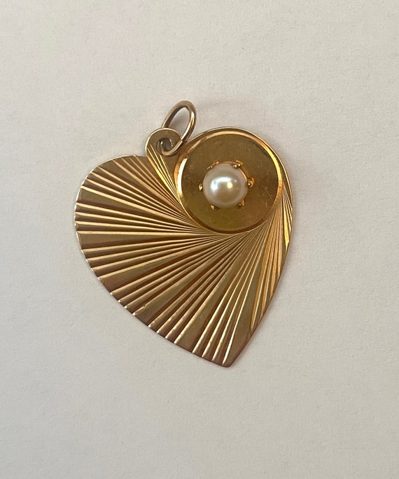 Vintage 14k Gold heart and pearl pendant, 14k Sol… - image 4