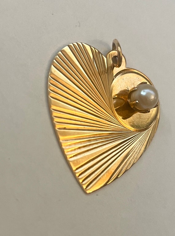 Vintage 14k Gold heart and pearl pendant, 14k Sol… - image 3